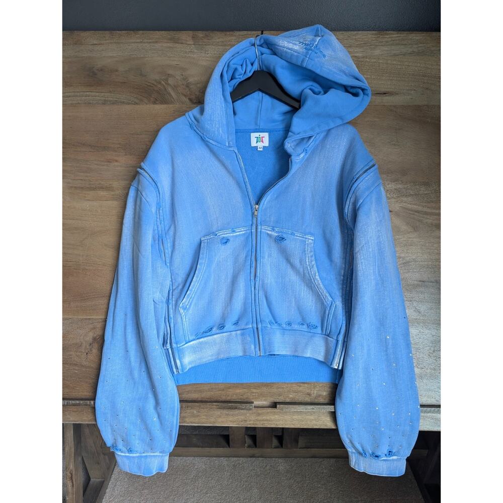 TruDivine Apparel Hoodie Women's M Light Blue Studded Long Sleeve Full Zip NWT